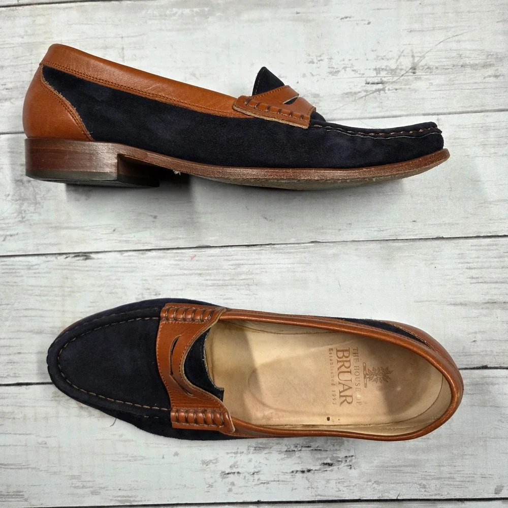 House of Bruar Penny Loafers Men 6 Navy Tan Suede Leather‎ Two Tone Scotland